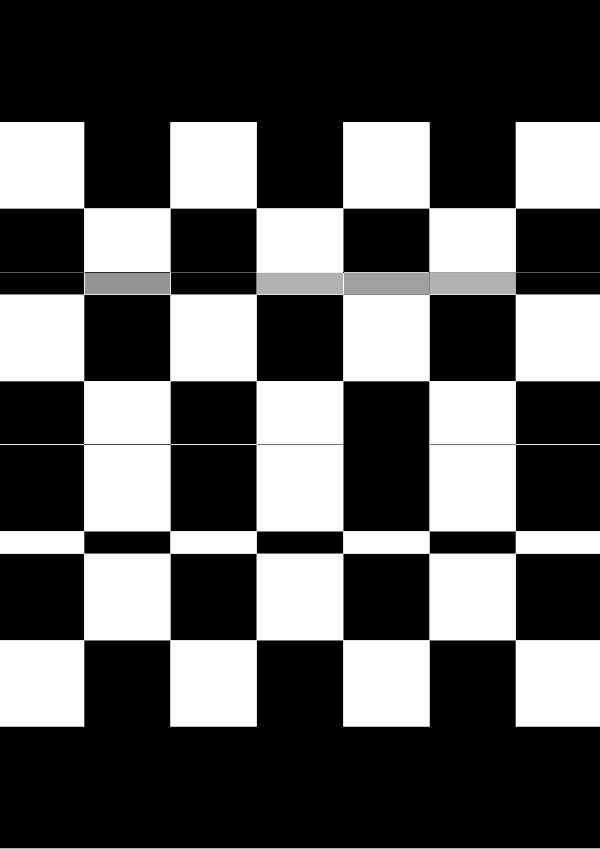 High-contrast checkerboard card for a baby of about 2–3 months to look at from 60 cm — white on black, thinnest feature 30.2 mm.