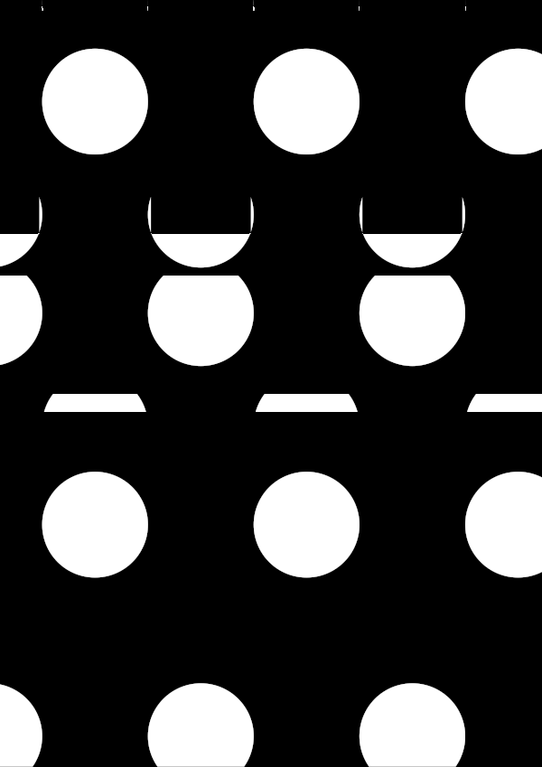 High-contrast dots card for a baby of about 2–3 months to look at from 120 cm — white on black, thinnest feature 41.0 mm.