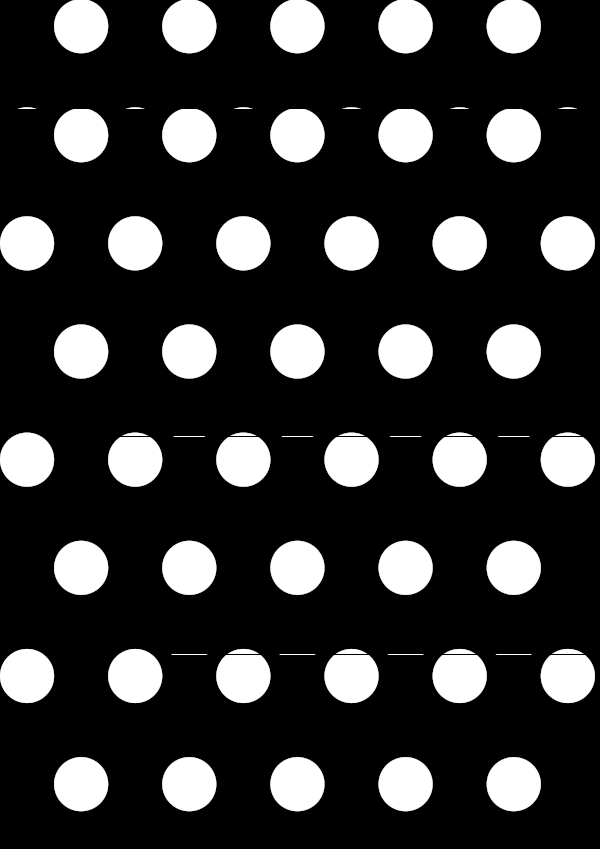 High-contrast dots card for a baby of about 2–3 months to look at from 30 cm — white on black, thinnest feature 18.9 mm.