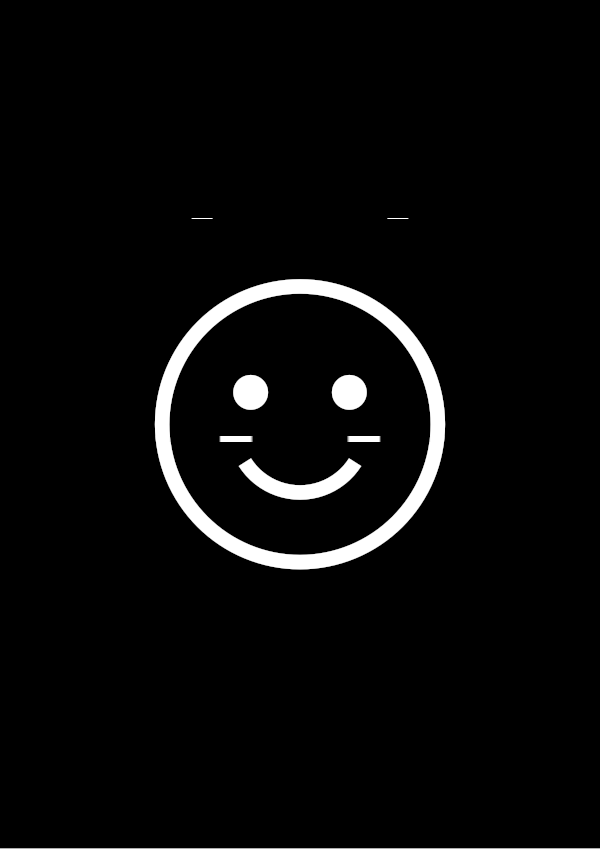 High-contrast schematic face card (eyes and smile) for a baby of about 2–3 months to look at from 30 cm — white on black, thinnest feature 5.1 mm.