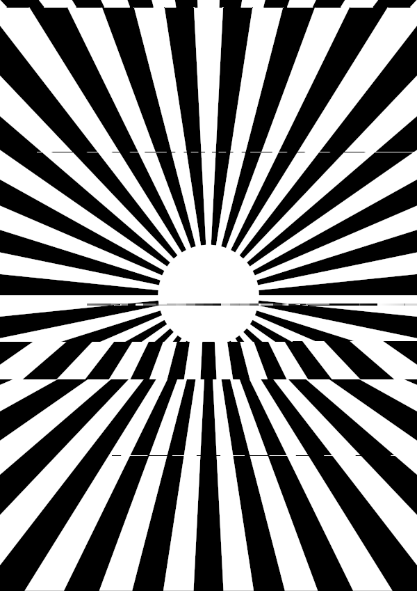 High-contrast sunburst card for a baby of about 2–3 months to look at from 120 cm — white on black, thinnest feature 21.4 mm.