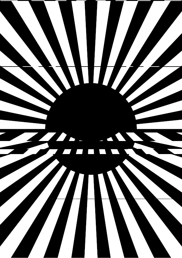 High-contrast sunburst card for a baby of about 2–3 months to look at from 250 cm — black on white, thinnest feature 44.7 mm.