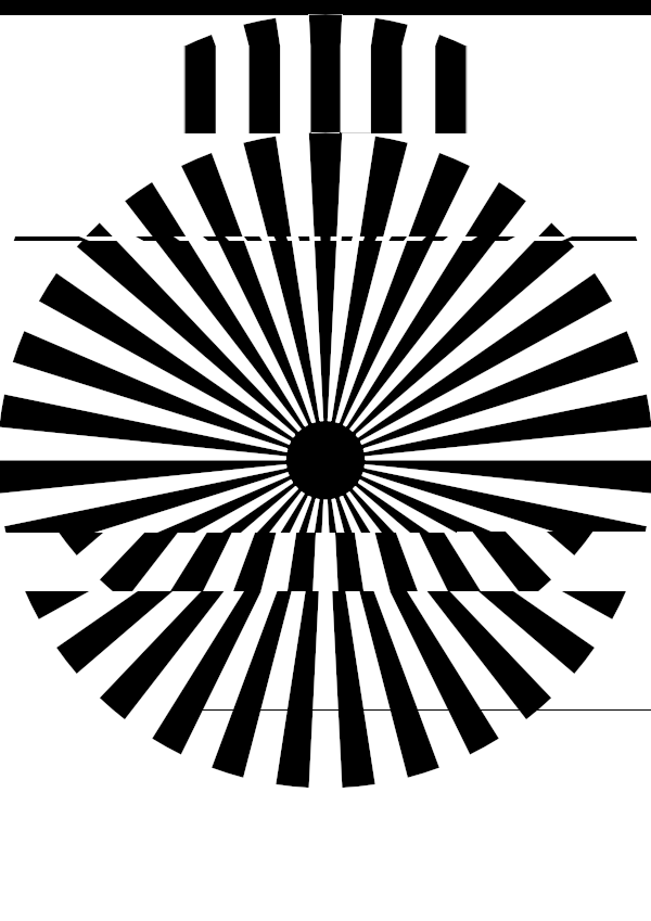 High-contrast sunburst card for a baby of about 2–3 months to look at from 60 cm — black on white, thinnest feature 10.7 mm.