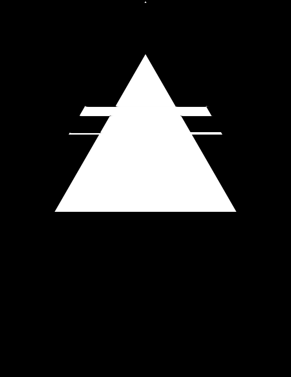 High-contrast single shape card (triangle) for a baby of about 2–3 months to look at from 60 cm — white on black, thinnest feature 105.8 mm.