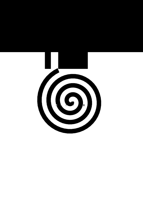 High-contrast spiral card for a baby of about 2–3 months to look at from 30 cm — black on white, thinnest feature 6.7 mm.