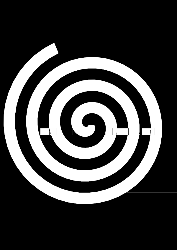 High-contrast spiral card for a baby of about 2–3 months to look at from 60 cm — white on black, thinnest feature 13.4 mm.