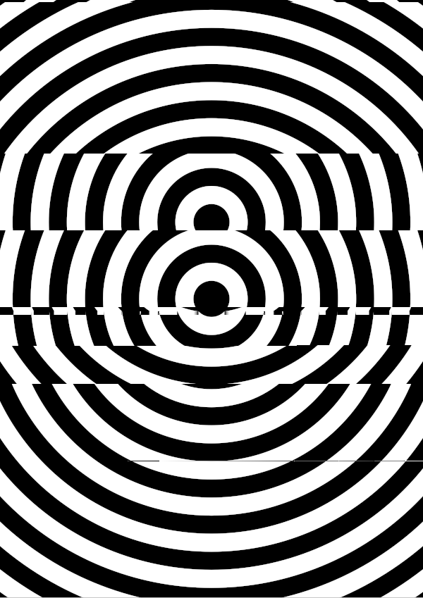 High-contrast bullseye card for a baby of about 3–4 months to look at from 120 cm — black on white, thinnest feature 9.0 mm.