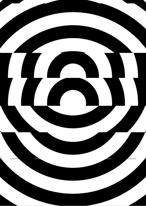 High-contrast bullseye card for a baby of about 3–4 months to look at from 250 cm — white on black, thinnest feature 18.7 mm.