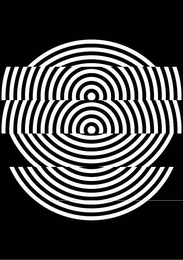 High-contrast bullseye card for a baby of about 3–4 months to look at from 60 cm — white on black, thinnest feature 4.5 mm.