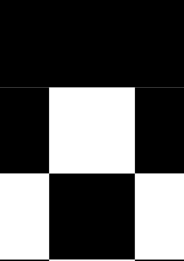 High-contrast checkerboard card for a baby of about 3–4 months to look at from 250 cm — white on black, thinnest feature 98.0 mm.