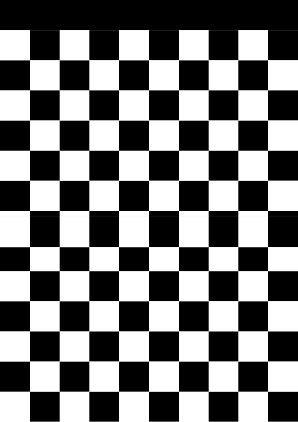 High-contrast checkerboard card for a baby of about 3–4 months to look at from 30 cm — black on white, thinnest feature 21.0 mm.