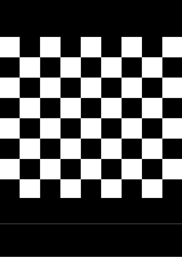 High-contrast checkerboard card for a baby of about 3–4 months to look at from 60 cm — white on black, thinnest feature 23.5 mm.