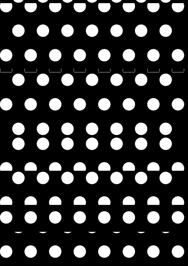 High-contrast dots card for a baby of about 3–4 months to look at from 30 cm — white on black, thinnest feature 13.7 mm.