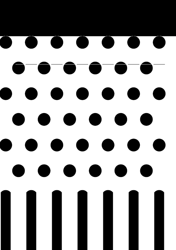 High-contrast dots card for a baby of about 3–4 months to look at from 60 cm — black on white, thinnest feature 15.3 mm.