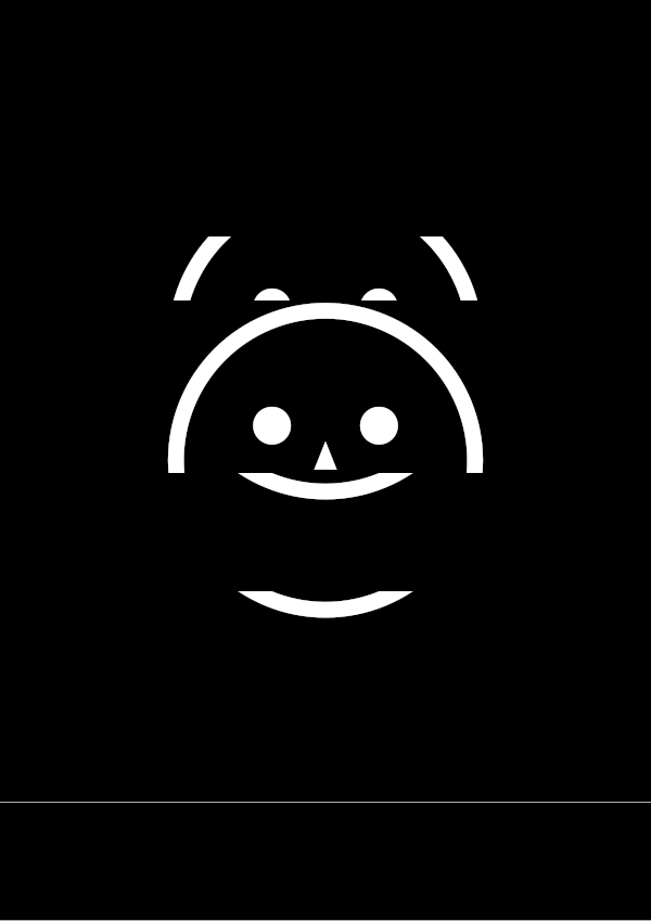 High-contrast schematic face card (eyes, smile and nose) for a baby of about 3–4 months to look at from 30 cm — white on black, thinnest feature 5.1 mm.