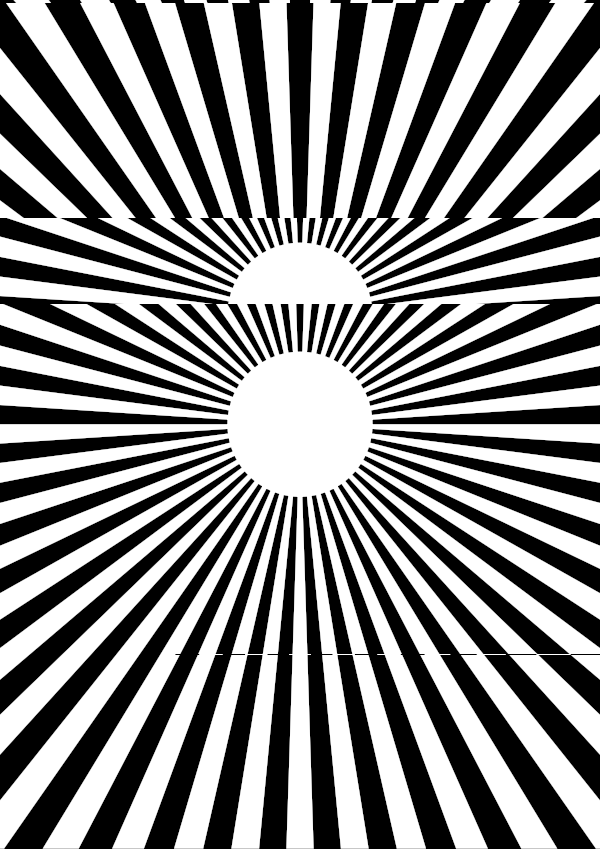 High-contrast sunburst card for a baby of about 3–4 months to look at from 120 cm — white on black, thinnest feature 13.6 mm.
