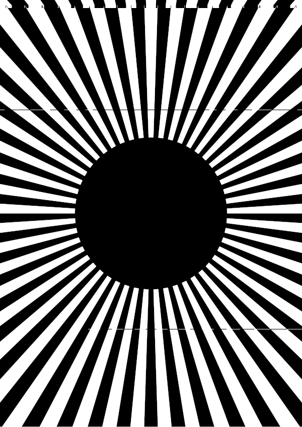 High-contrast sunburst card for a baby of about 3–4 months to look at from 250 cm — black on white, thinnest feature 28.3 mm.
