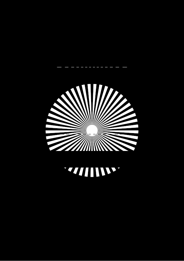 High-contrast sunburst card for a baby of about 3–4 months to look at from 30 cm — white on black, thinnest feature 3.4 mm.