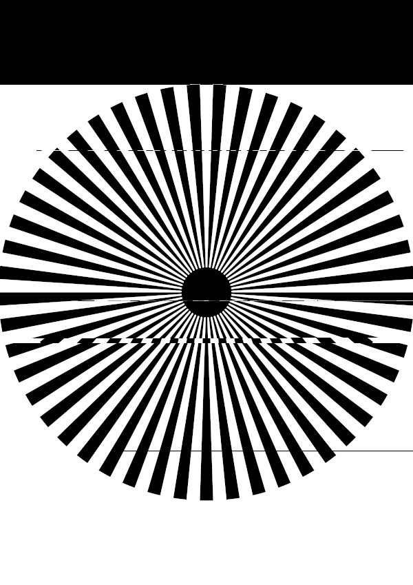High-contrast sunburst card for a baby of about 3–4 months to look at from 60 cm — black on white, thinnest feature 6.8 mm.