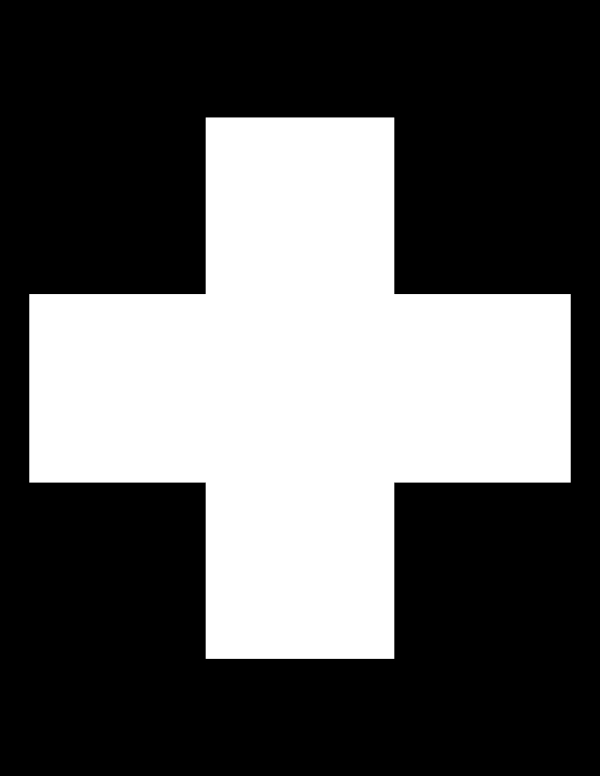 High-contrast single shape card (cross) for a baby of about 3–4 months to look at from 60 cm — white on black, thinnest feature 67.7 mm.