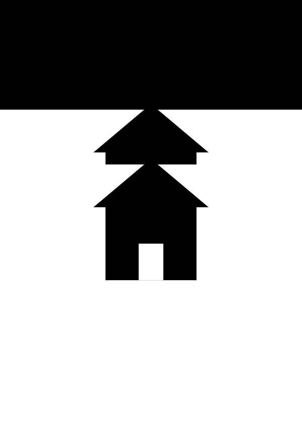 High-contrast object silhouette card (house) for a baby of about 3–4 months to look at from 30 cm — black on white, thinnest feature 16.9 mm.