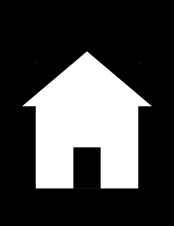 High-contrast object silhouette card (house) for a baby of about 3–4 months to look at from 60 cm — white on black, thinnest feature 33.9 mm.