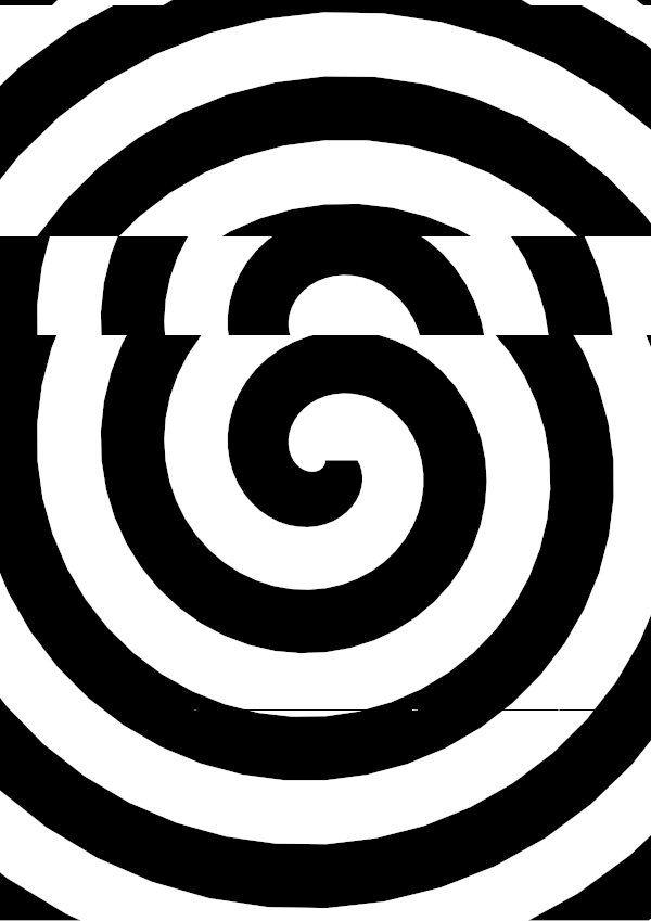 High-contrast spiral card for a baby of about 3–4 months to look at from 120 cm — black on white, thinnest feature 20.6 mm.