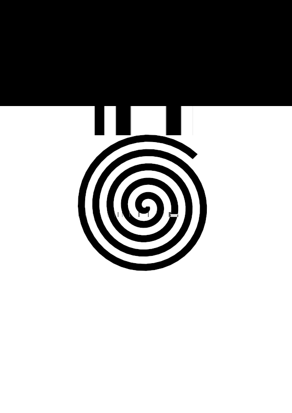 High-contrast spiral card for a baby of about 3–4 months to look at from 30 cm — black on white, thinnest feature 5.2 mm.