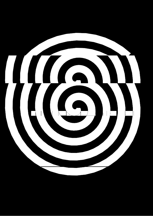 High-contrast spiral card for a baby of about 3–4 months to look at from 60 cm — white on black, thinnest feature 10.3 mm.