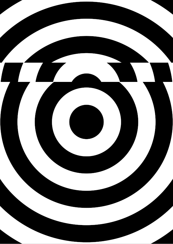 High-contrast bullseye card for a newborn to look at from 120 cm — black on white, thinnest feature 20.9 mm.
