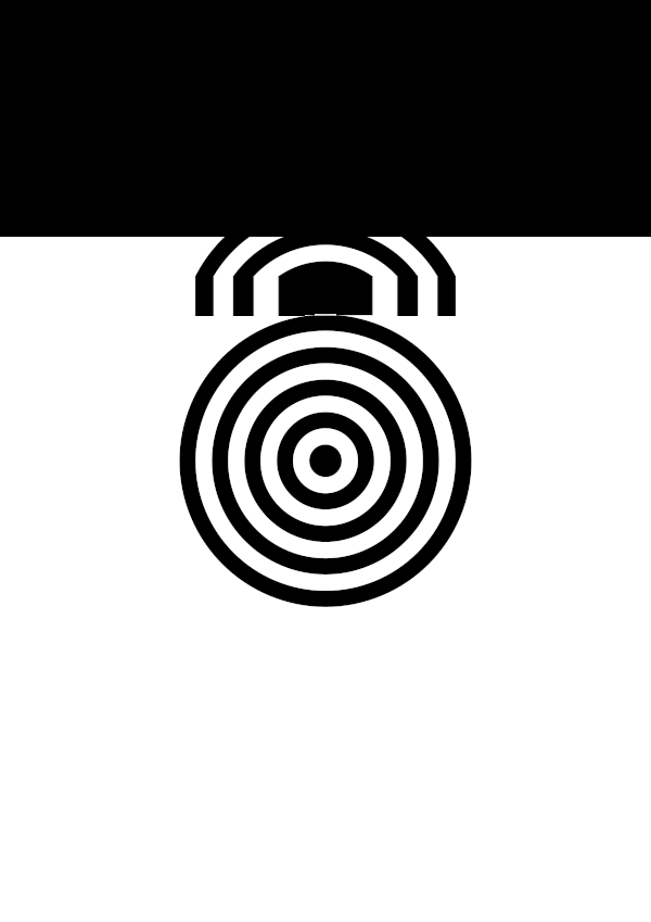 High-contrast bullseye card for a newborn to look at from 30 cm — black on white, thinnest feature 5.2 mm.