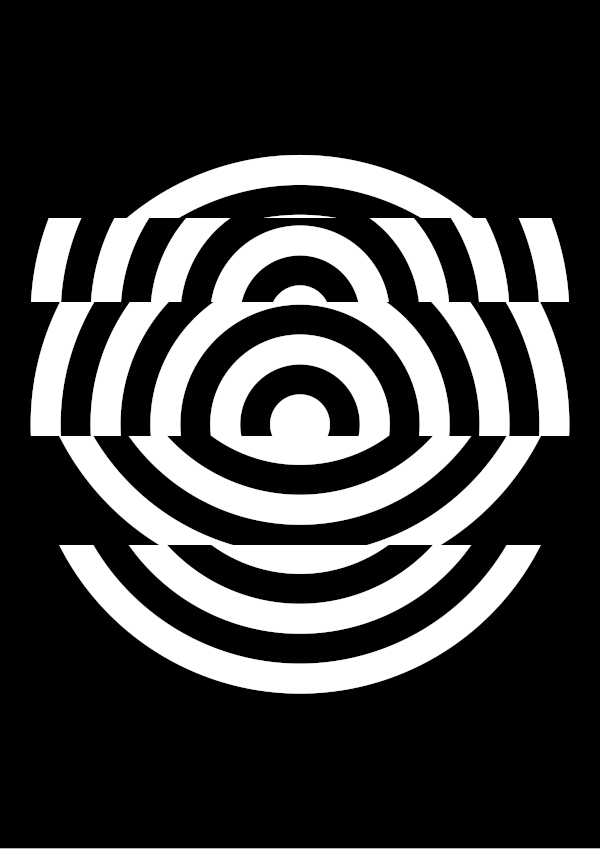 High-contrast bullseye card for a newborn to look at from 60 cm — white on black, thinnest feature 10.5 mm.