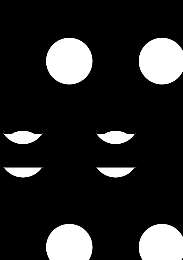 High-contrast dots card for a newborn to look at from 120 cm — white on black, thinnest feature 53.2 mm.