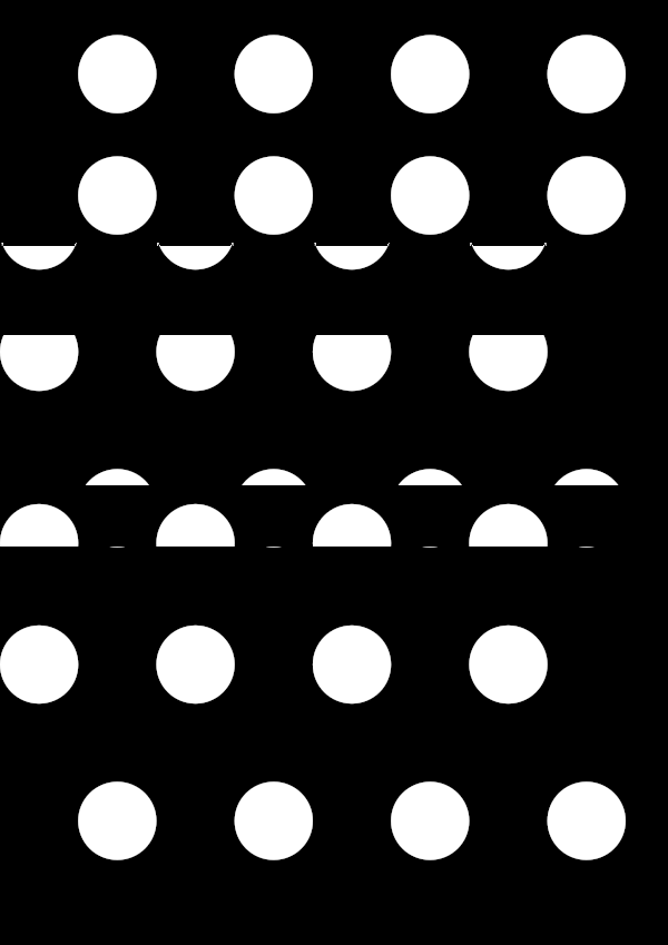 High-contrast dots card for a newborn to look at from 30 cm — white on black, thinnest feature 24.6 mm.