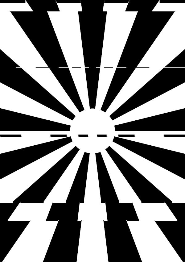 High-contrast sunburst card for a newborn to look at from 120 cm — white on black, thinnest feature 51.1 mm.