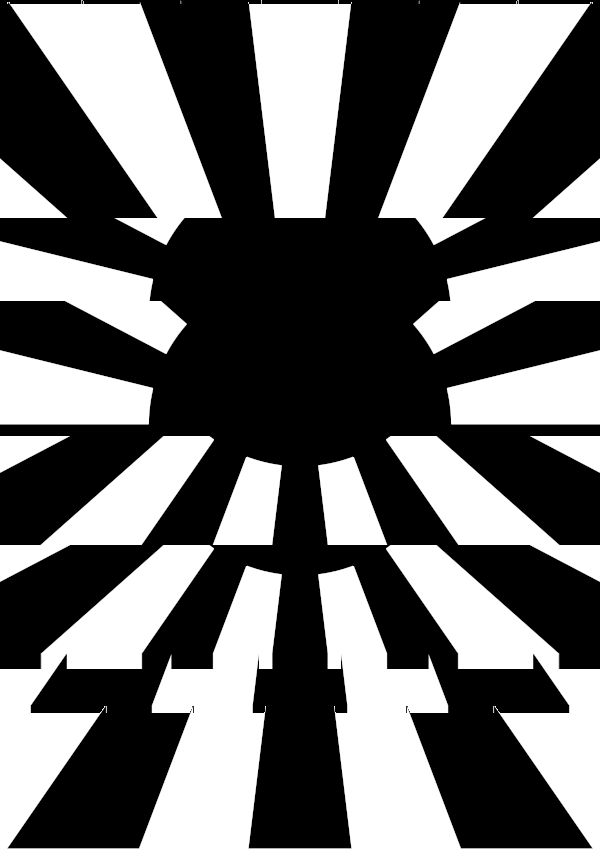 High-contrast sunburst card for a newborn to look at from 250 cm — black on white, thinnest feature 106.5 mm.