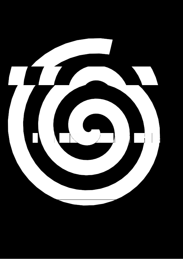 High-contrast spiral card for a newborn to look at from 60 cm — white on black, thinnest feature 17.4 mm.